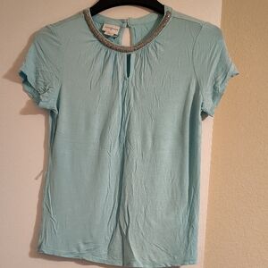 White House Black Market Jeweled Neck Short-Sleeve Tee in Light Aqua